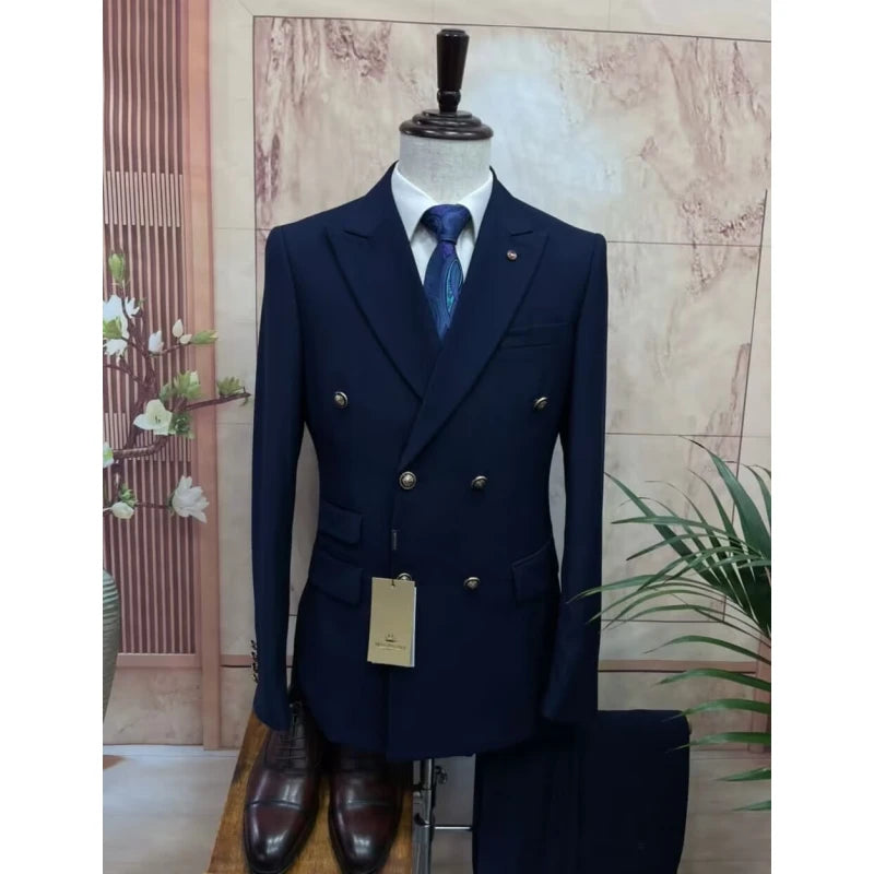 Navy Blue Men Suits Set Custom Made Formal Blazers Pant Regular Fit 2 Piece Suit Gentlemen Wedding Male Plus Size Men'S Suits