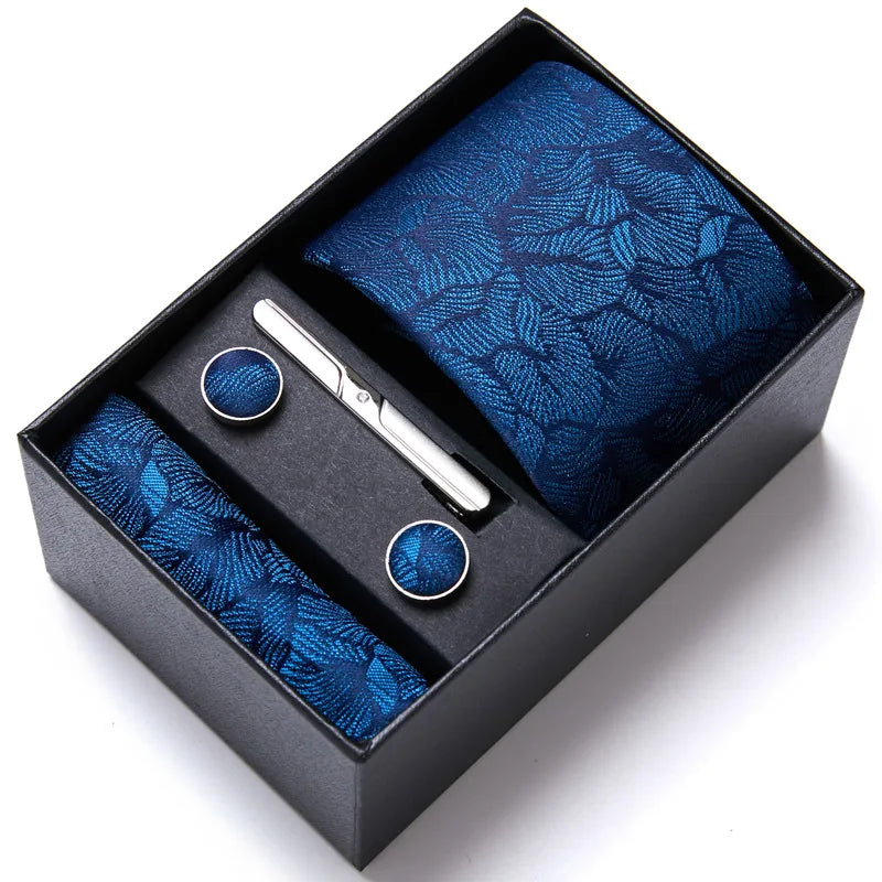 Best Gift 6 Pcs Men Polyester Necktie Cufflinks and Pocket square Sets With Gift Box for Wedding