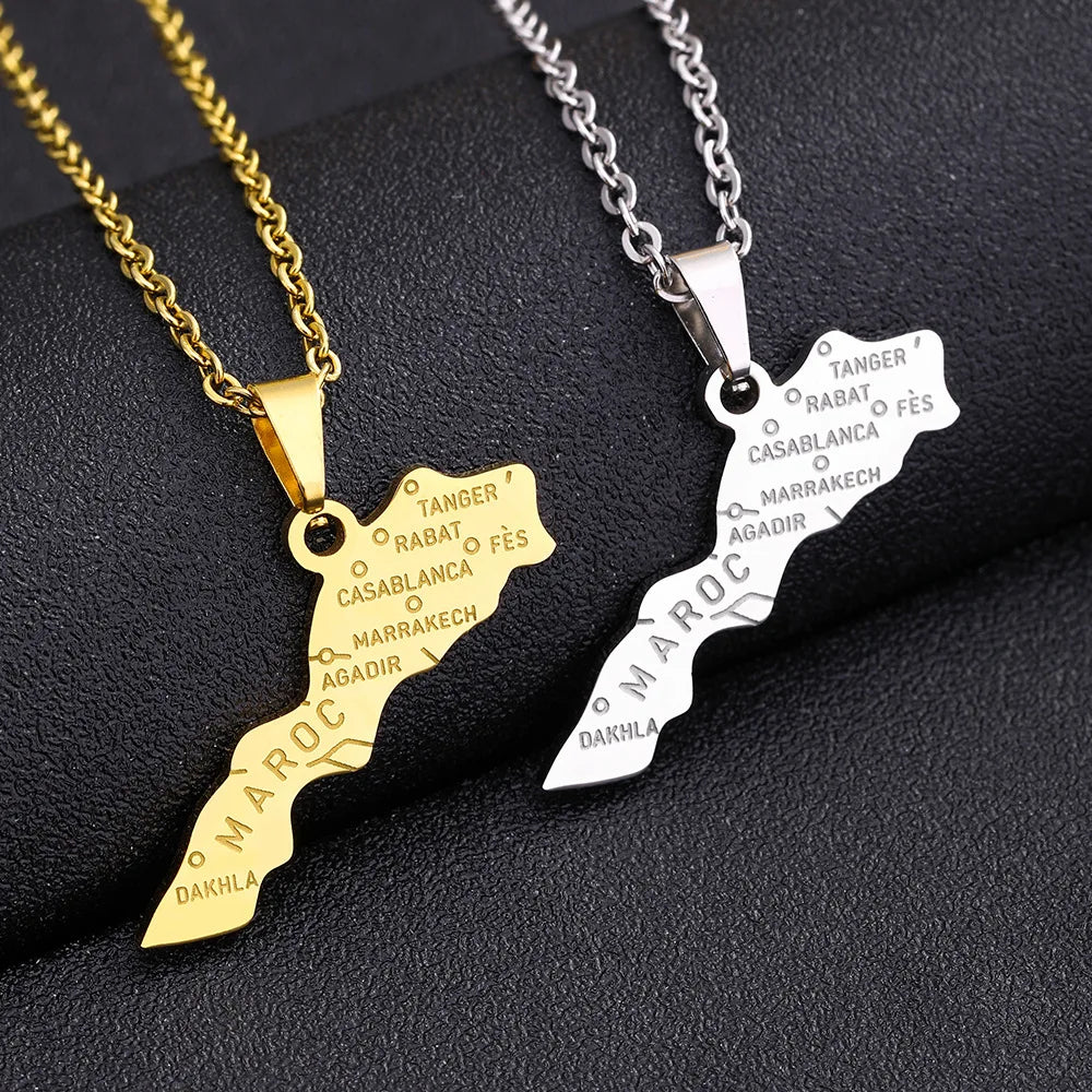 Hot Selling Stainless Steel Morocco Map Geometric Jewelry Map Necklaces
