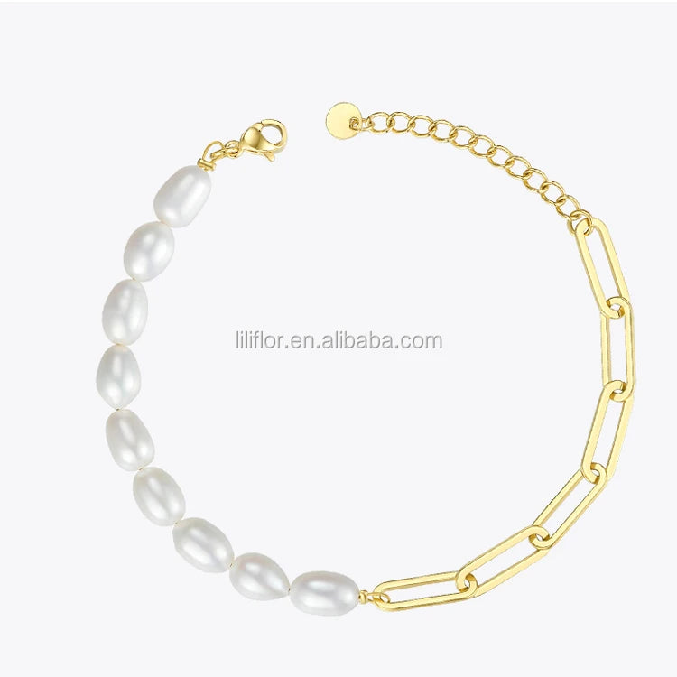 Fashion 18K Gold Plated Stainless Steel Jewelry Half Chain Natural Pearl Stitching for Woman Bracelets B192069