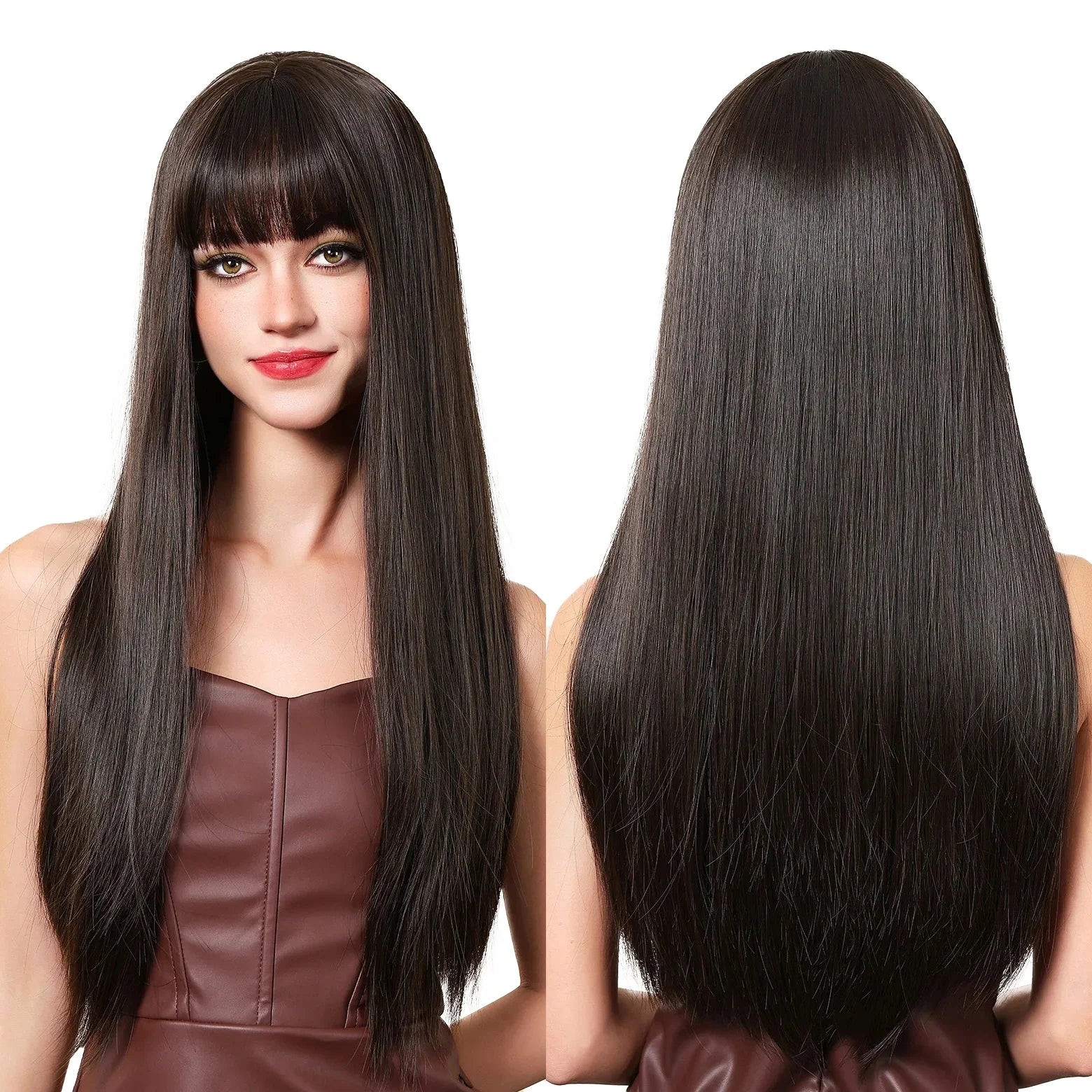 Fast Delivery Straight Synthetic Dark Brown Wig with Bangs Long Cosplay Wigs for Women Party Daily Lolita Brown Natural Hair
