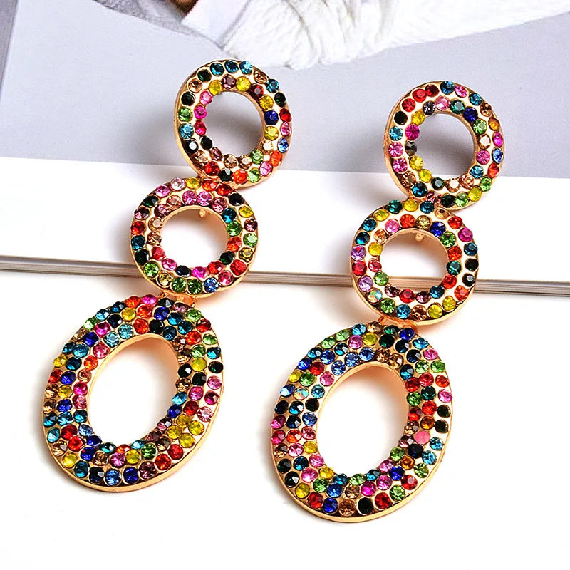 Fashion Alloy Inlaid Colore Diamond Three Circle Long Drop Earring Statement Jewelry for Women