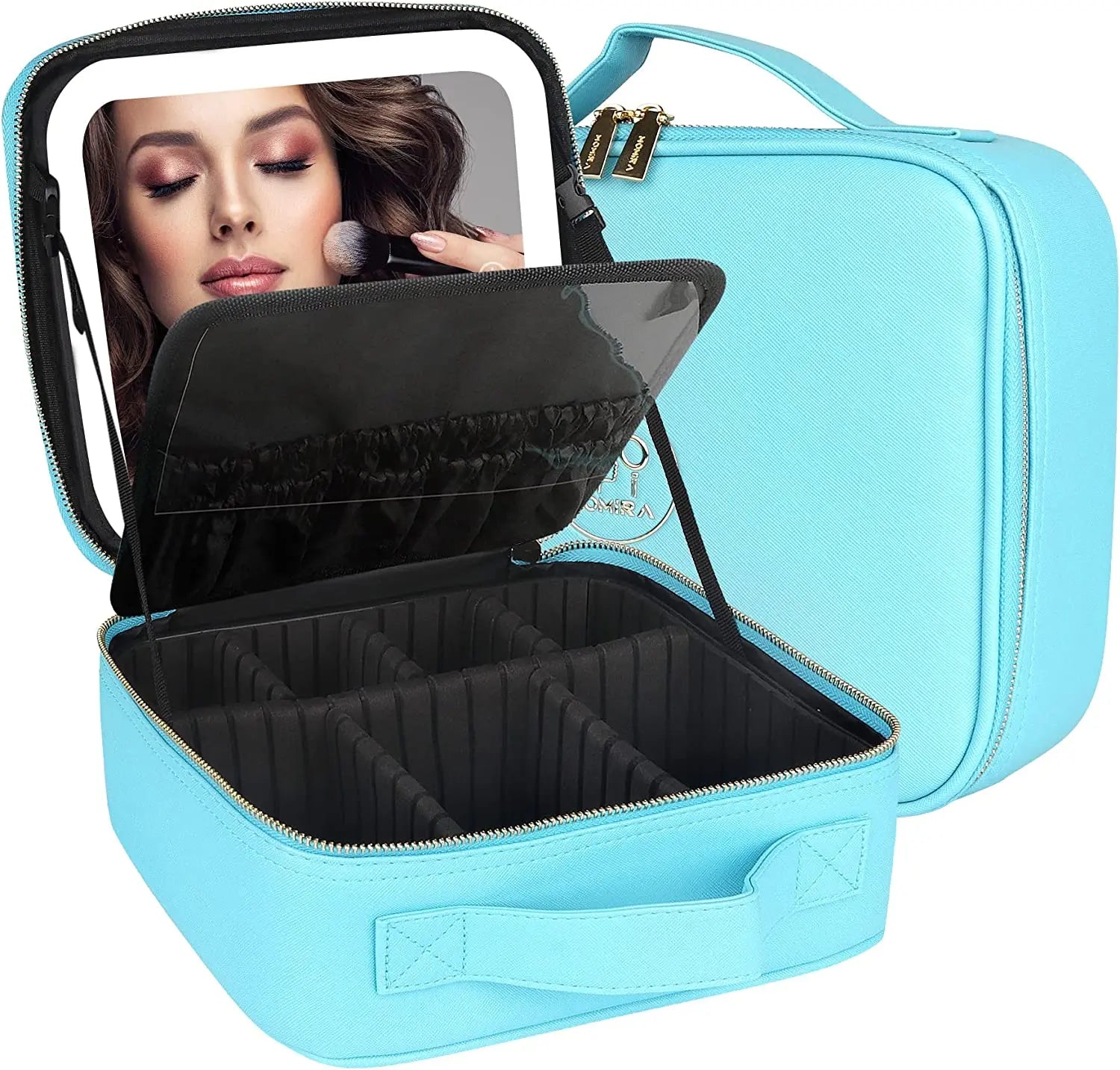 Large Lighted Makeup Organizer Bag Fashionable PU Cosmetic Bag with Thread Pattern and Zipper Closure