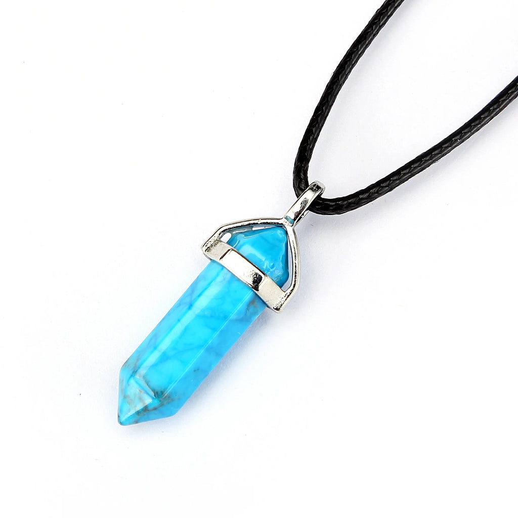 40x8mm Blue Turquoise Point Pendant with 18" Leather Cord Necklace for Men and Women