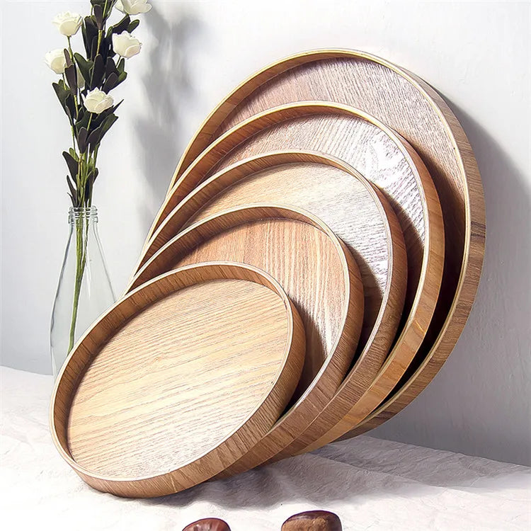 Manufacturer Direct Japanese Style Round Unbreakable Melamine  Fruit Tea Tray Hotel Restaurant Wooden Serving Tray