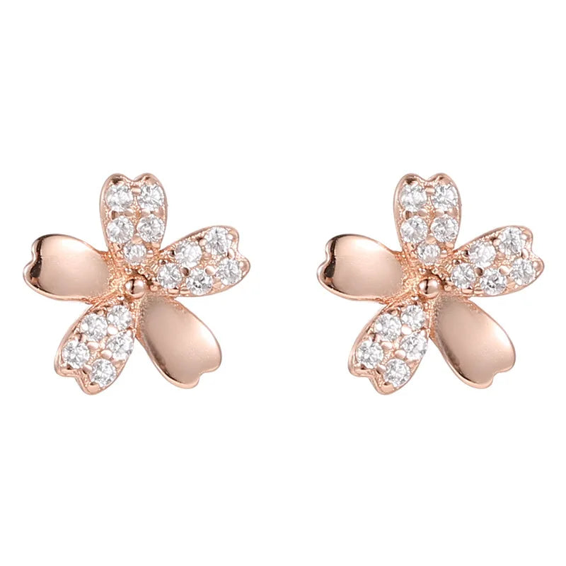 925 Sterling Silver Flower Cherry Blossoms Zircon Stud Earrings for Women Dropshipping Products 2023