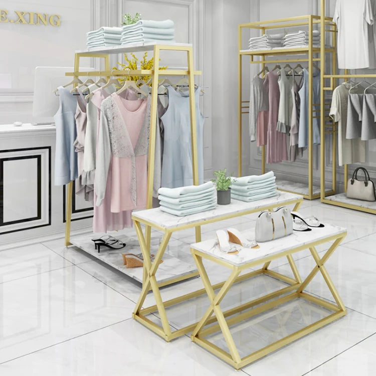 Golden Luxury Light Display Racks for Men's Women's Clothing High-Cabinet Shelves Floor-Standing Combination Display Racks