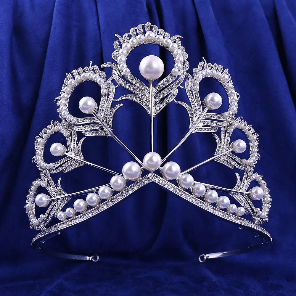 Luxury Baroque Corona Full Crystal Pearl Crowns for Queens Bridal Wedding Crown Elegant Feather Adjustable Crown Tiara Corona