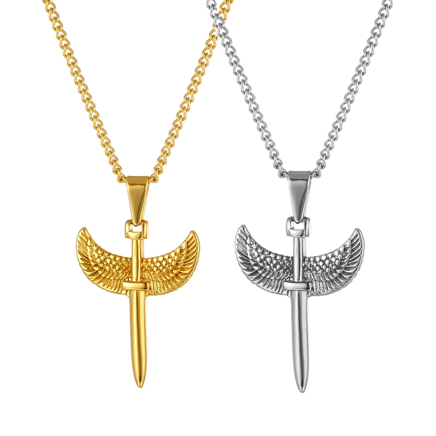HipHops Sword Wing Pendant Stainless Steel 18k Gold Plated Angel Wing Archangel Pendant Necklace for Men Women