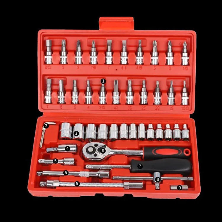 46pcs in One Set Machine Auto Repair Tools Combination Set Impact Socket Wrench Spanner 1/4 Drive Bit Set Ratchet Wrench