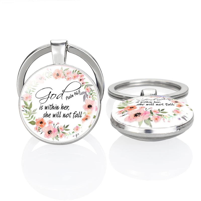 Bible Verse "God Is Within Her She Will Not Fall" Glass Cabochon Double Side Keychain Keyrings Car Key Holder