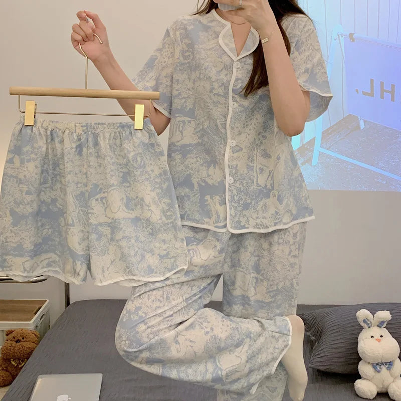 Pajamas Girls Short Sleeve Pants Shorts 3 Piece Set Korean Style Cute Cartoon Soft Women's Sleepwear