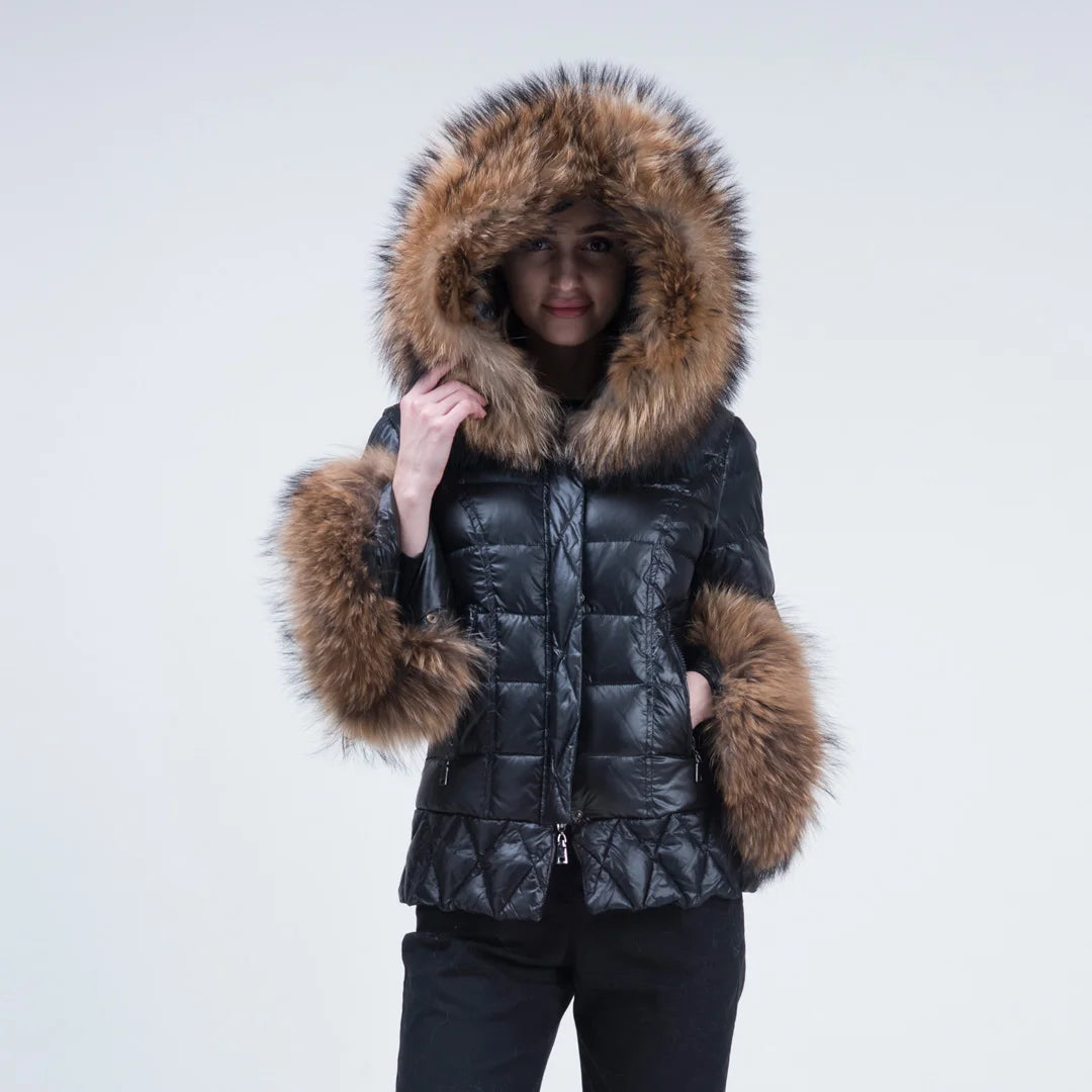 Women Down Coat Fluffy Raccoon Fur Hooded Down Jacket Winter Down Coat With Big Raccoon Fur Collar