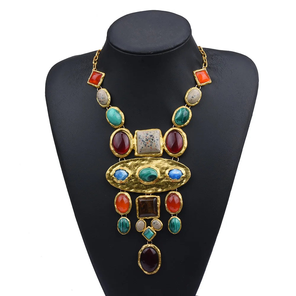 European Style ZA Baroque Geometric Gem Stone Choker Necklace Retro Palace Style Alloy Sweater Chain Fashion Pendant Necklace