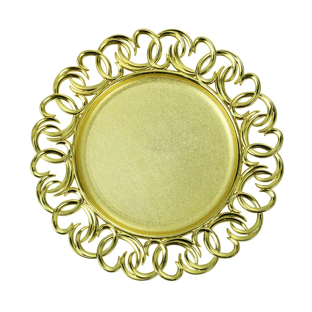 Wholesale 13 Inch Irregular Golden Charger Plates Elegant Sustainable Pattern Design Dishwasher Safe Made Plastic for 100pcs