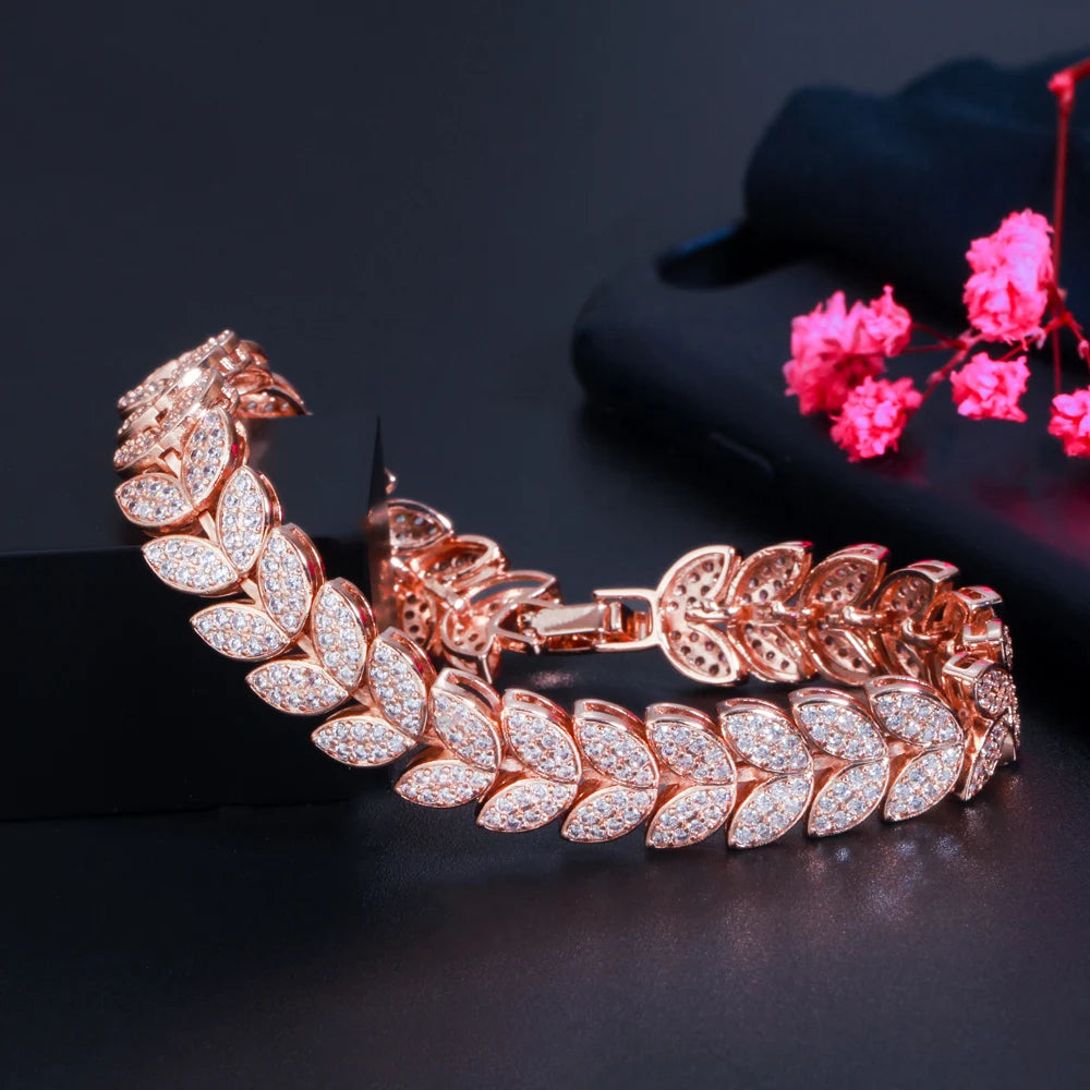 Sparkly Micro Paved Rose Gold Plated Wide Leaf Shaped Chain Link Luxury Bracelet Jewelry for Women Wedding Brides Evening Party