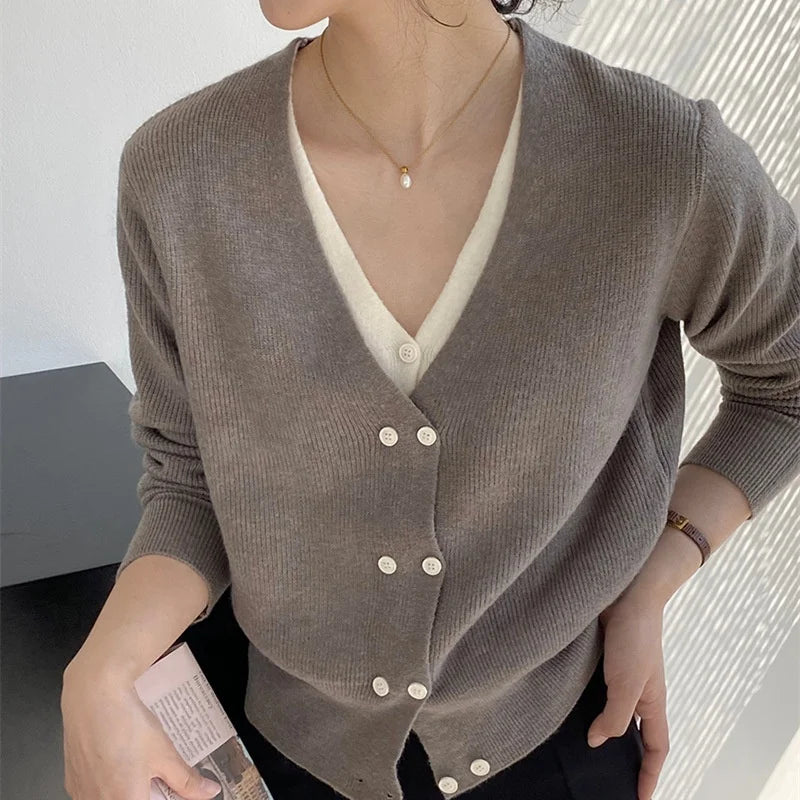 Women's Custom Logo Long-Sleeved V-Neck Knit Sweater Spliced Double-Breasted Cardigan Casual Loose Pullover Tops for Winter