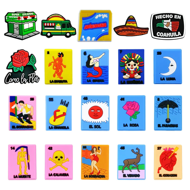 Customized Wholesale Kawaii Pvc Diy Clog Sandal Accessories Mexico Style Shoes Decorations Loteria Cards Cactus Shoe Charms