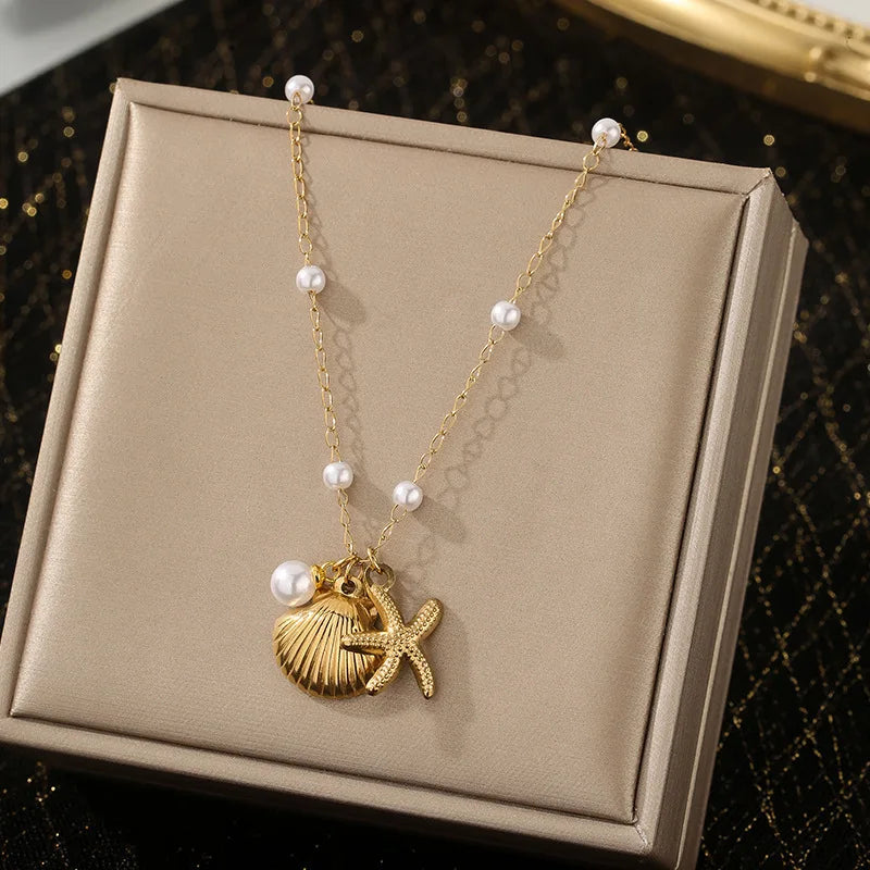 European American All-Match Starfish Shell Stainless Steel Pendant Necklace New French Marine Series Pearl Accessory Fashionable
