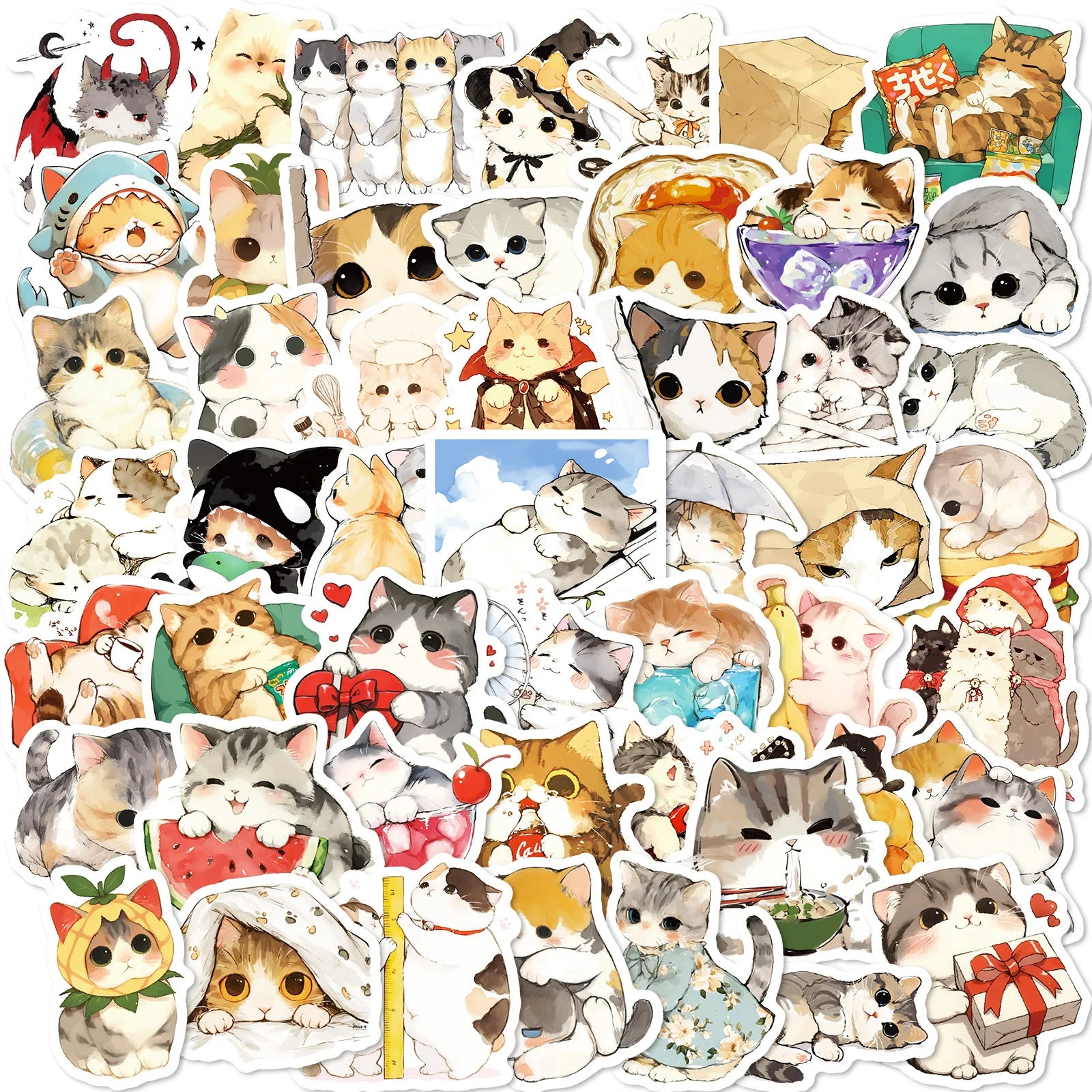 50 Pcs Watercolor Healing Graffiti Cat PVC High Quality Graffiti Stickers for Laptops Skateboard Guitar Books Decoration