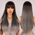 Factory Fast Delivery Long Straight Ombre Synthetic Wig with Bangs Black to Sliver Gray Blue Colorful Hair Wigs Heat Resistant