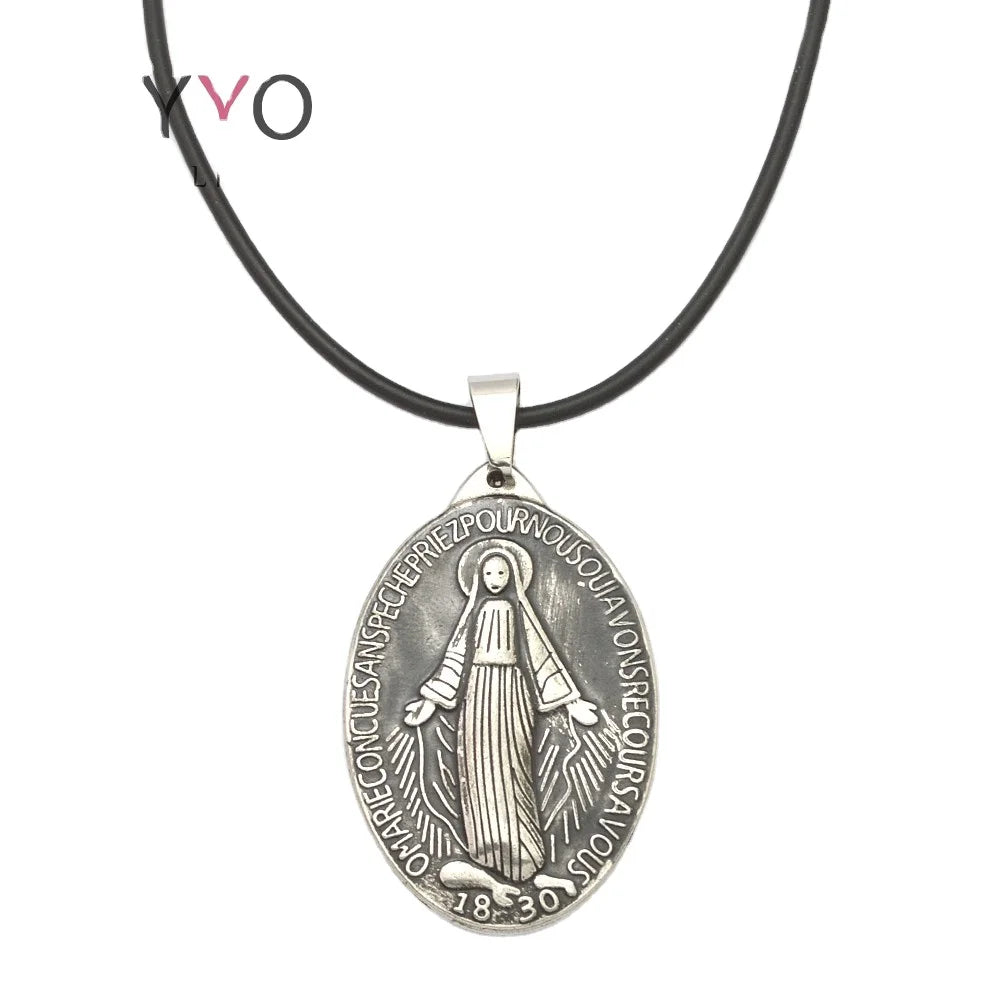 Cuban Black Rubber Necklace Virgin Mary Pendant Stainless Steel Jewelry Charms for Jewelry Making