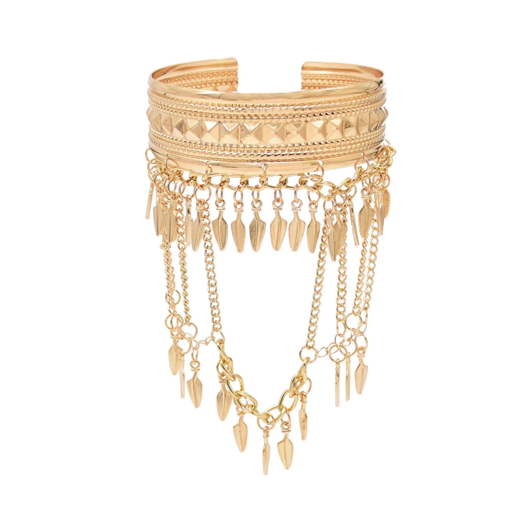 Gold Silver Leaf Long Chains Tassel Open Arm Bracelet for Women Wrist Cuff Wrap Bracelet Adjustable
