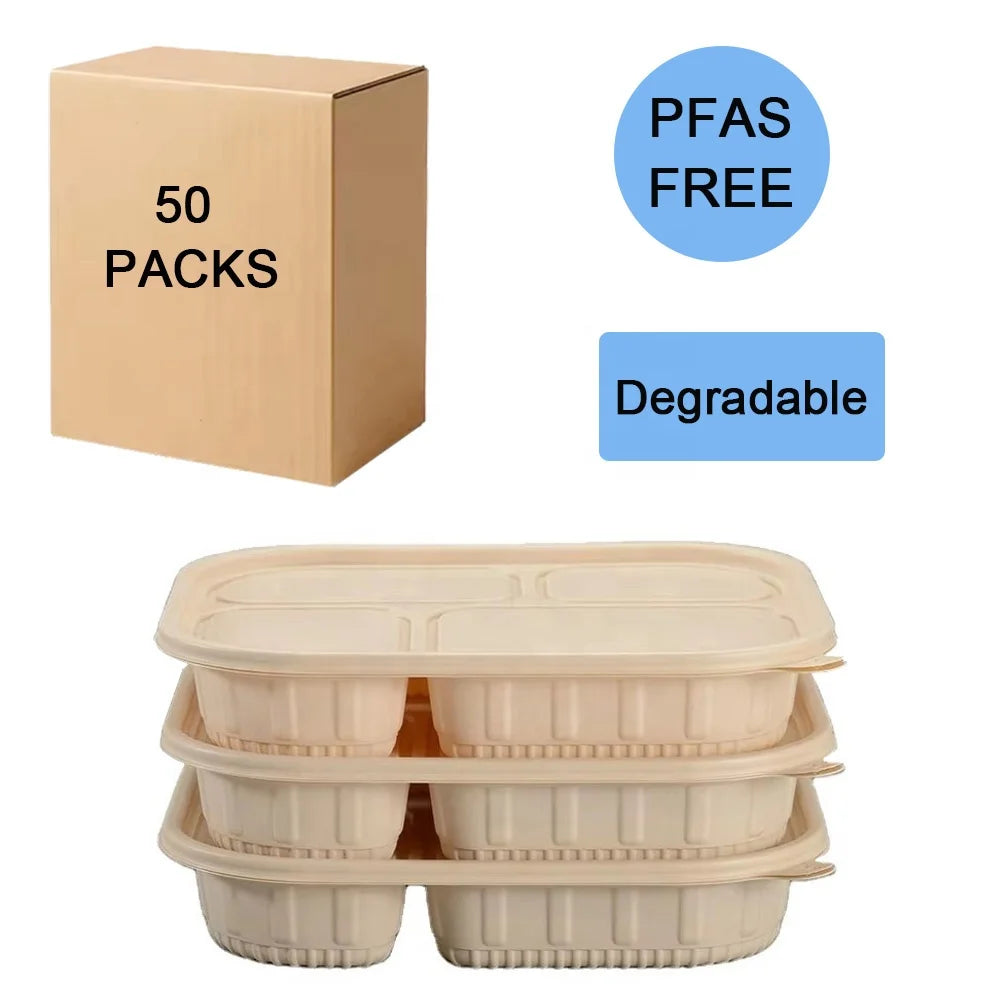 PFAS-Free Compostable 38/46oz Cornstarch Lunch Box with Lid 3/4/5 Compartments Takeaway Container Microwave and Freezer Safe