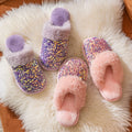 MIO Winter Fashion Plush Cozy Sole Plush Slippers Shiny Sequin Home Slippers Warm Indoor Soft Anti Slip Slippers for Women