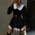 Patchwork Peter Pan Collar Ladies Clothes Casual Long Sleeve Dresses Women Black Short Dress