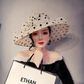 Wedding Party Race Derby Dress Church Hat Women Packable Sun Beach Black Dot Pattern Hat Ladies Ruffle Wide Brim Organza Cap