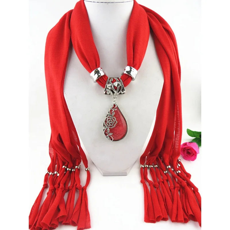 MIO Women Autumn Fashion Fringed Pendant Scarf Rose Metal Base Resin Long Breathable Luxury for Girls