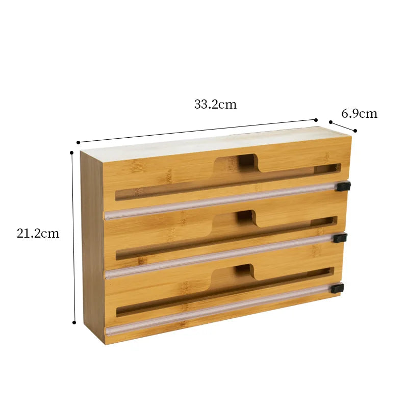 Kitchen Storage Rectangle Lacquer Bamboo Wrap Dispenser with Cutter for Foil and Food Bag Storage