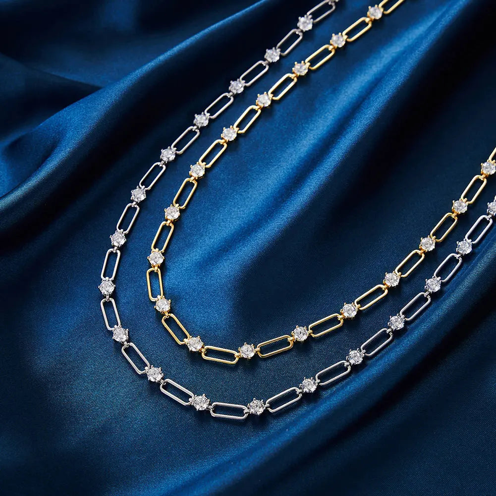 RINNTIN LZN19 Fashion 8A Crystal Zircon Paper Clip Chain Necklace Gold Plated 925 Sterling Silver Choker