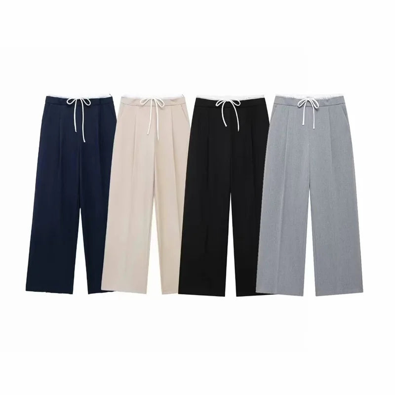 ZATRHMBM  Autumn Women's Pants 2024 New Fashion Casual Loose Double Waist Wide Leg Pants Elegant Women's Straight Trousers