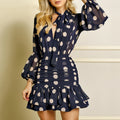 Spring Women Long Sleeves Dot Print Ruffles Mesh Open Back Dress Elegant Fashion V-Neck Chic Navy Dress