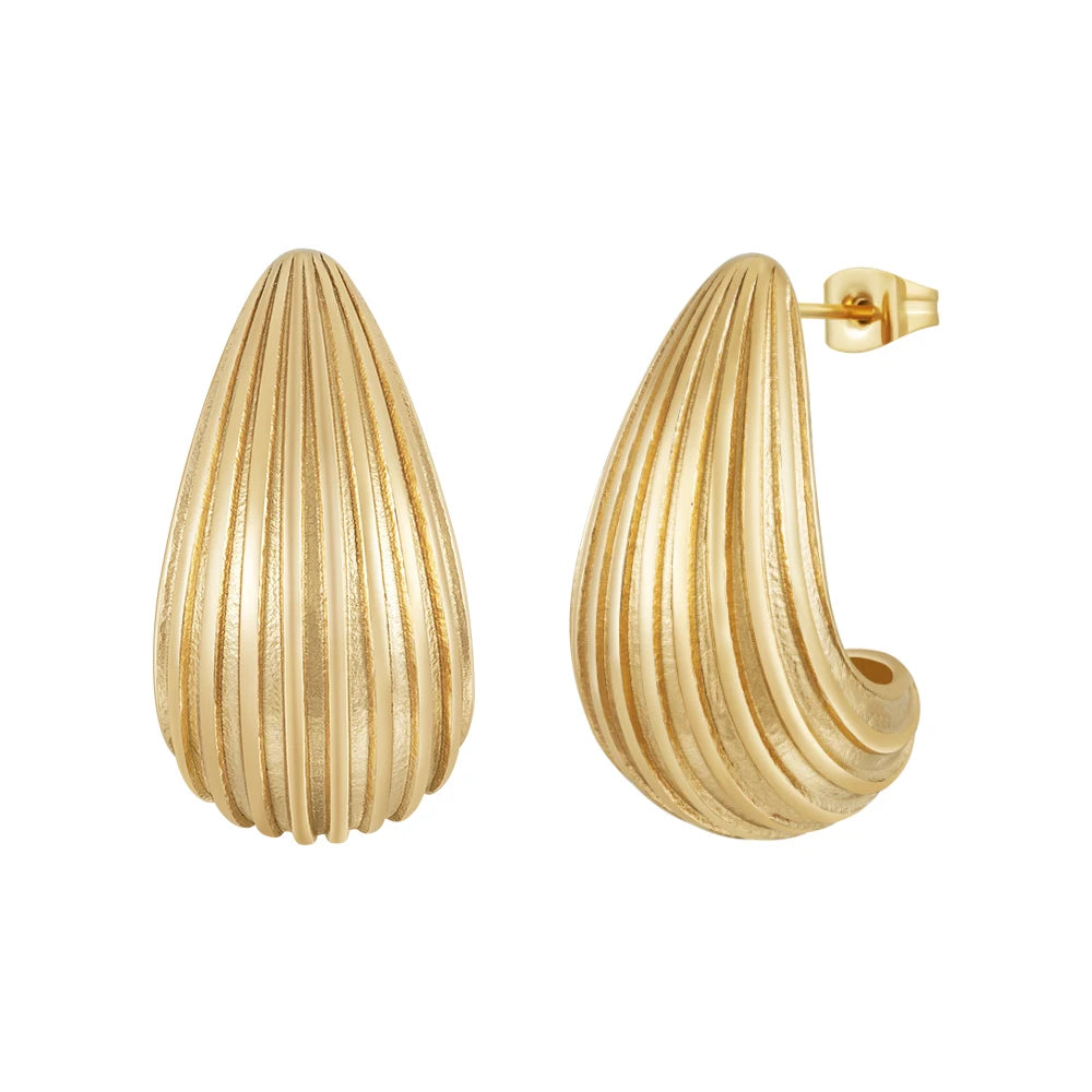 Latest 18K Gold Plated Stainless Steel Jewelry Hollow Stripe Tear Drop Earrings Texture Waterdrop  for Woman Earrings E231485