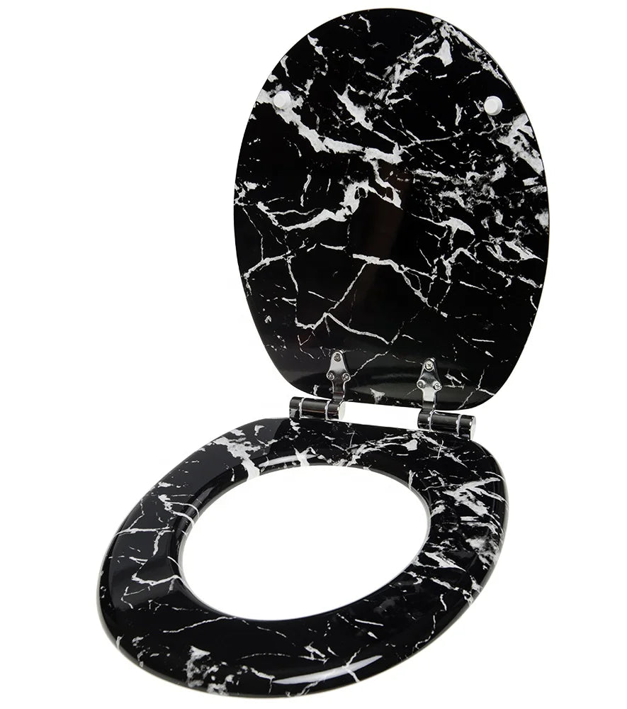 Custom Black Marble Print MDF Toilet Seat Cover Soft Close Quick Release Modern Design for Bathroom 1 Year Warranty Zinc Alloy