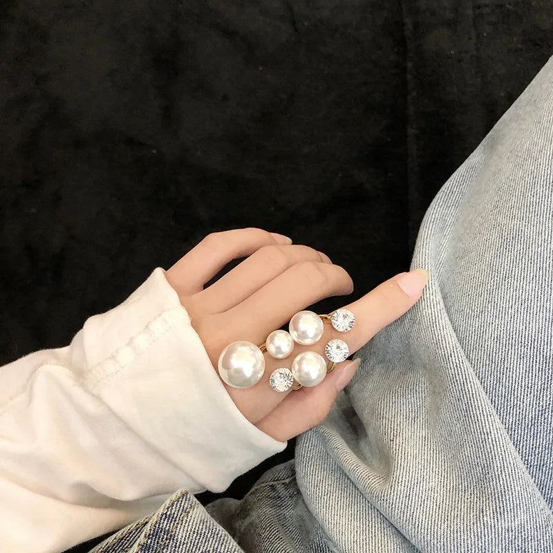 Wholesale Vintage Gold Exaggerated Irregular Designer Index Ring Diamond Adjustable Open Women Pearl Ring