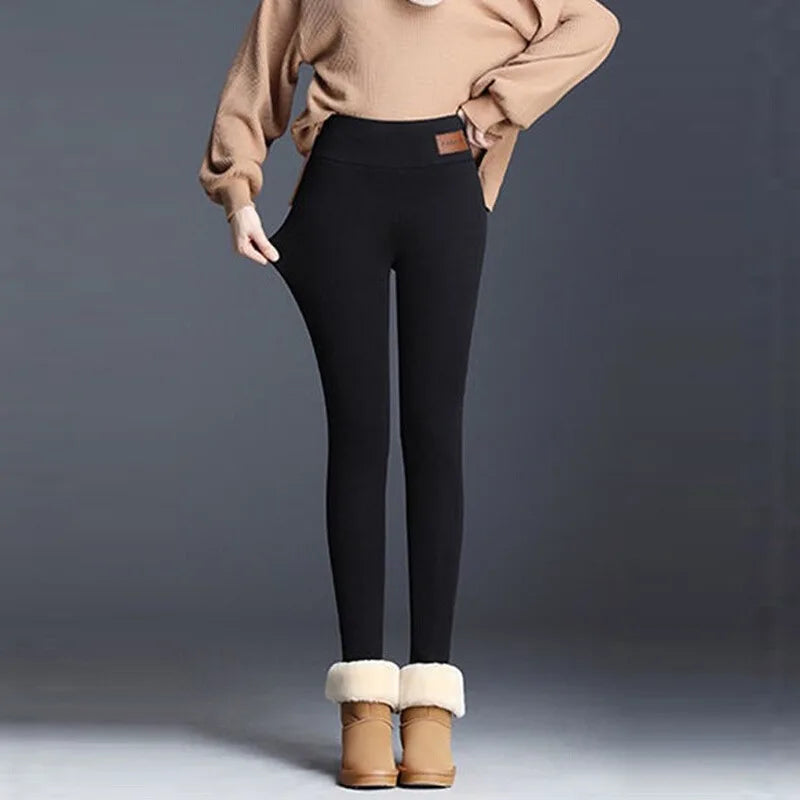 2023 Winter Guangzhou Auyan High-Waisted Lamb Fleece Leggings Warm Woven Cotton Pants Breathable Formal Style