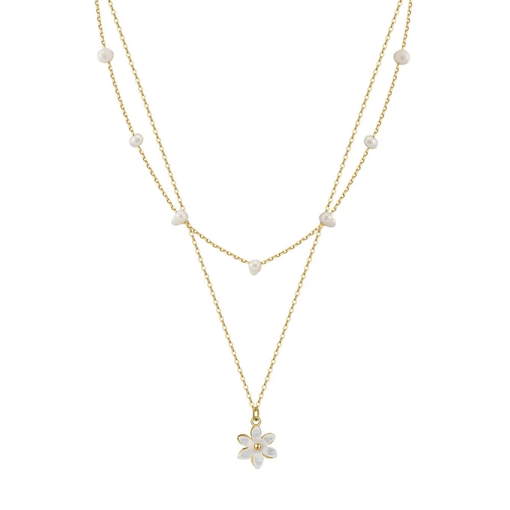 RINNTIN GPN73 Cultured Freshwater Pearl Flower Pendant Necklace for Women Fashion Round Layered Collar Necklace Trend Jewelry
