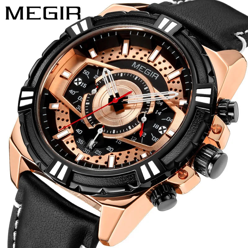 MEGIR 2118 Men's Watches Luxury Leather Luminous Hands Clock Montre Homme Men Wrist Sports Waterproof Quartz Chronograph Watch