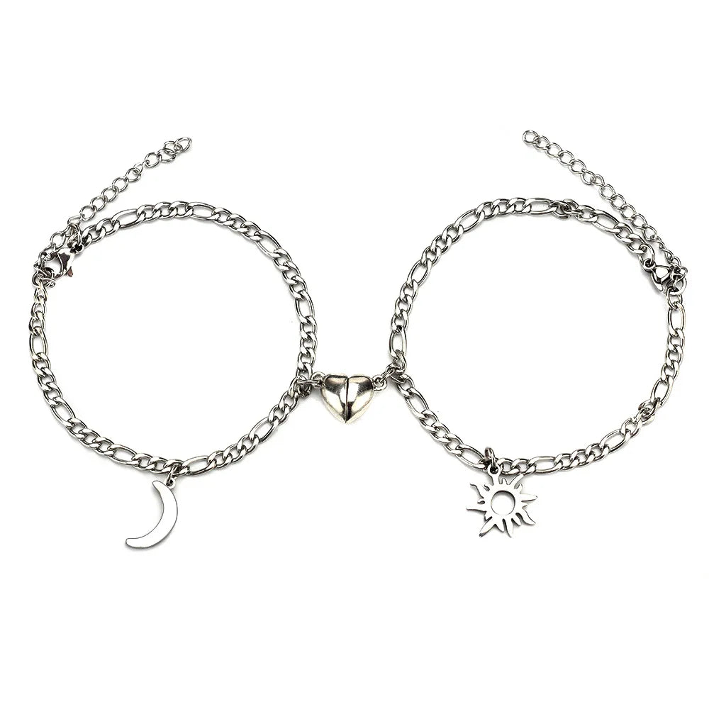 2Pcs Sun Moon Charm Magnet Attraction Stainless Steel Bracelets for Couples Men Women Jewelry Wholesale Valentine's Day Gifts