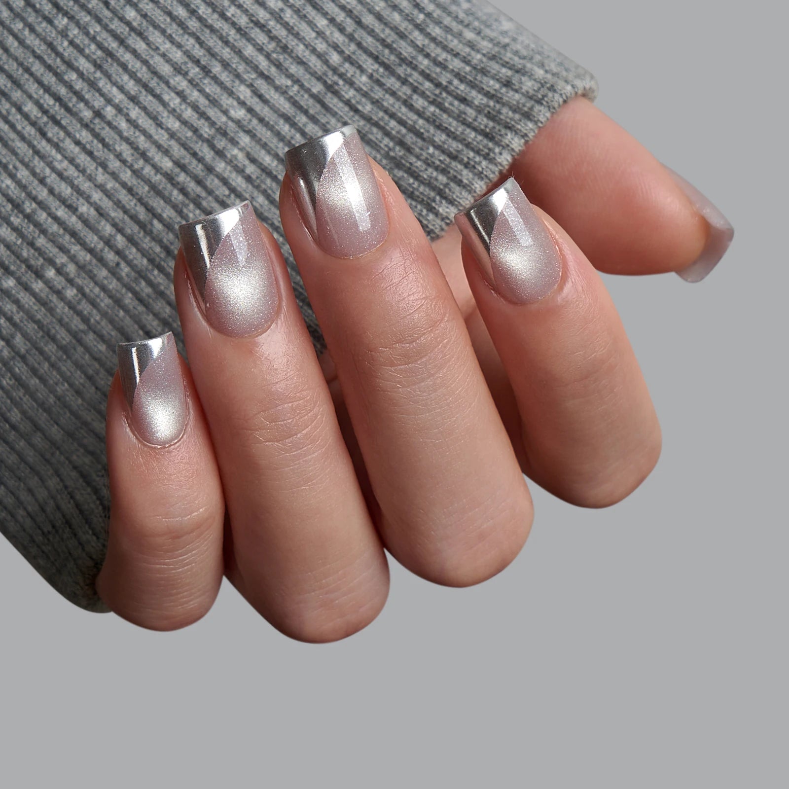 BTArtbox Sliver Metallic Cat Eye Press on Nails Sets Wholesale Short Square Soft Gel X Luxury French Summer Fake False Nails
