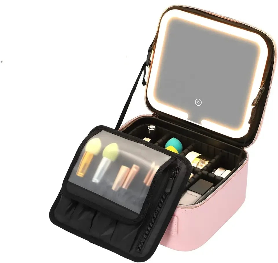 New Large Capacity Desktop Cosmetic Storage Box Waterproof Leather Travel Portable Makeup Train Bag Case With Led Light Mirror