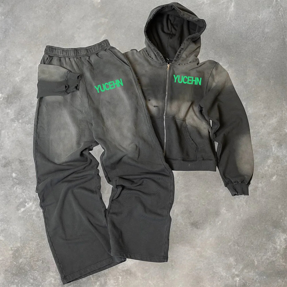 Streetwear  Custom  Printing Unisex Puls Size  Sweatpants and Hoodies Set Casual Training Jogger   Acid Wash Men'S  Sweatsuits