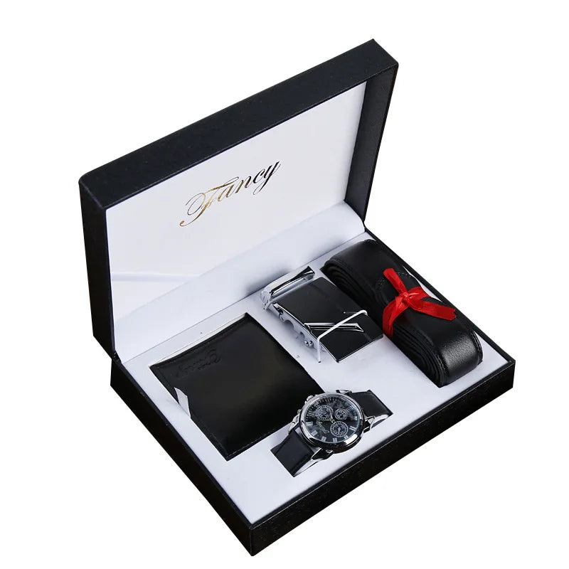 Luxury Men's Business Gift Set Promotional Beaded Leather Belt Wallet Classic Sport Watch for Christmas or Graduation