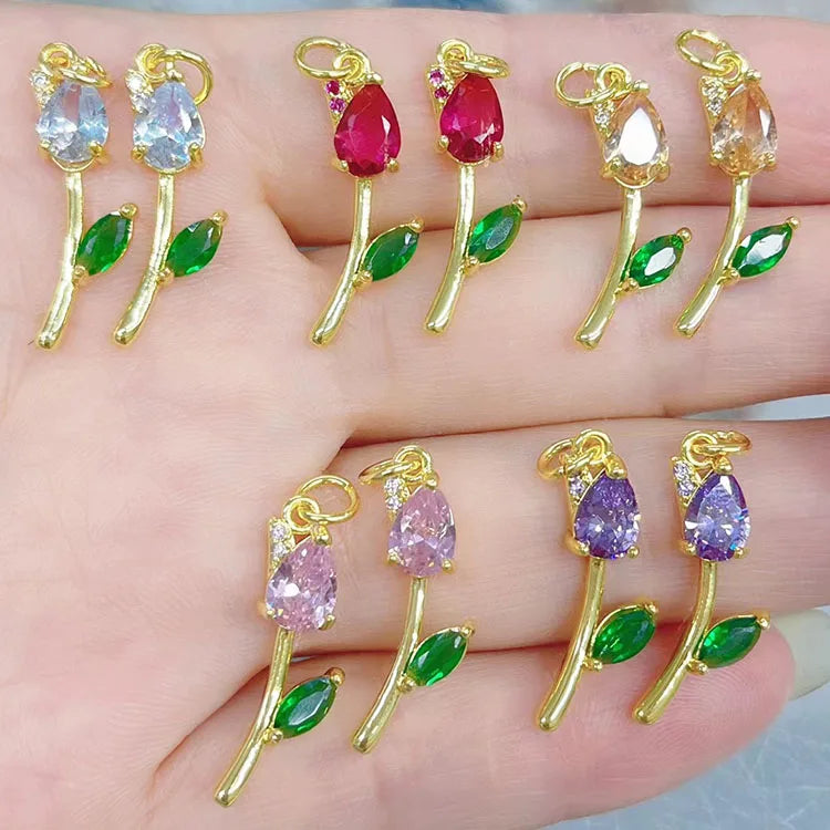CZ8959  Chic Dainty 18k Gold Plated CZ Micro Pave Tulip Flower Charms Pendant cubic Zirconia Bracelet Earring  Jewelry Supply