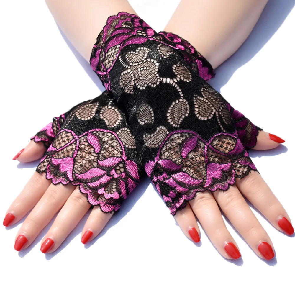 MIO Hot Sale Women Sunscreen Short Double Color Lace Fingerless Sleeve Gloves Elegant Flower Jacquard Lace Perform Mittens