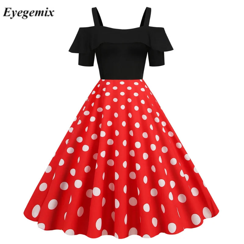 Vintage Off the Shoulder Party Dress Women Summer Elegant Polka Dot Ruffles a Line Midi Sundress 50s 60s Swing Vestidos